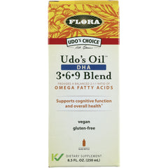 FL040 | Flora Udo's Oil DHA 369 Blend front packaging showing vegan gluten-free and 8.5 fl oz
