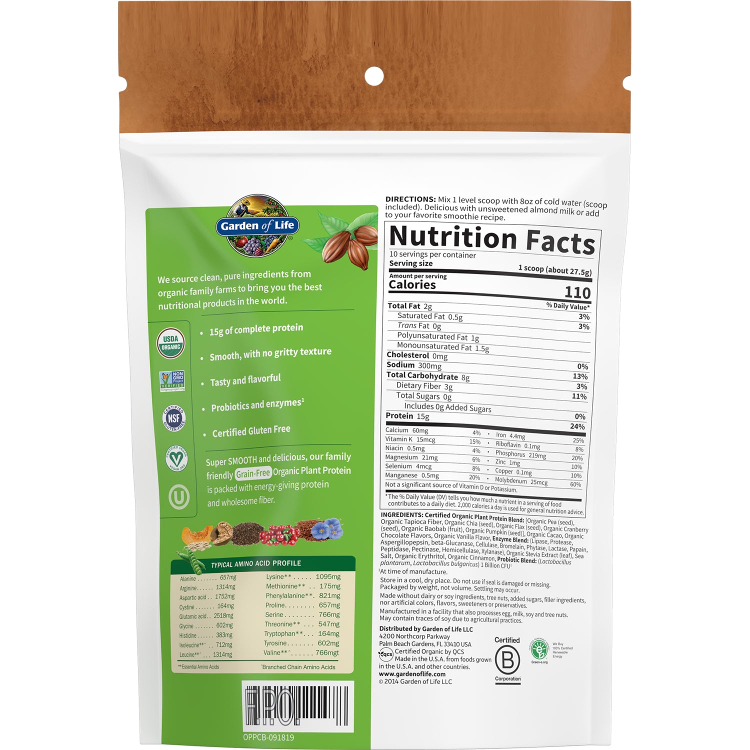 GLF190 | Back of Garden of Life protein powder pouch showing Nutrition Facts panel, ingredients, and product claims