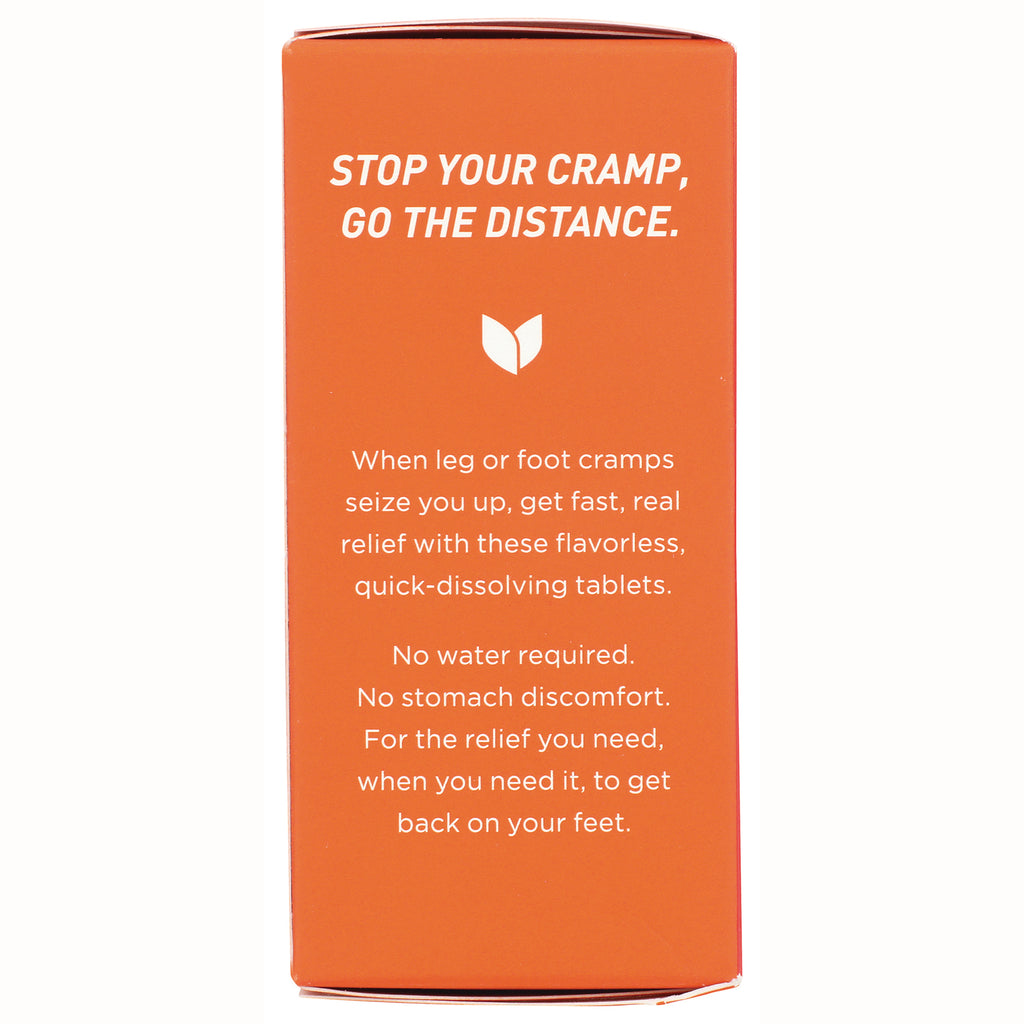 HY260 | orange product infographic panel reading STOP YOUR CRAMP, GO THE DISTANCE and text about flavorless quick-dissolving tablets for leg and foot cramp relief - Thumbnail