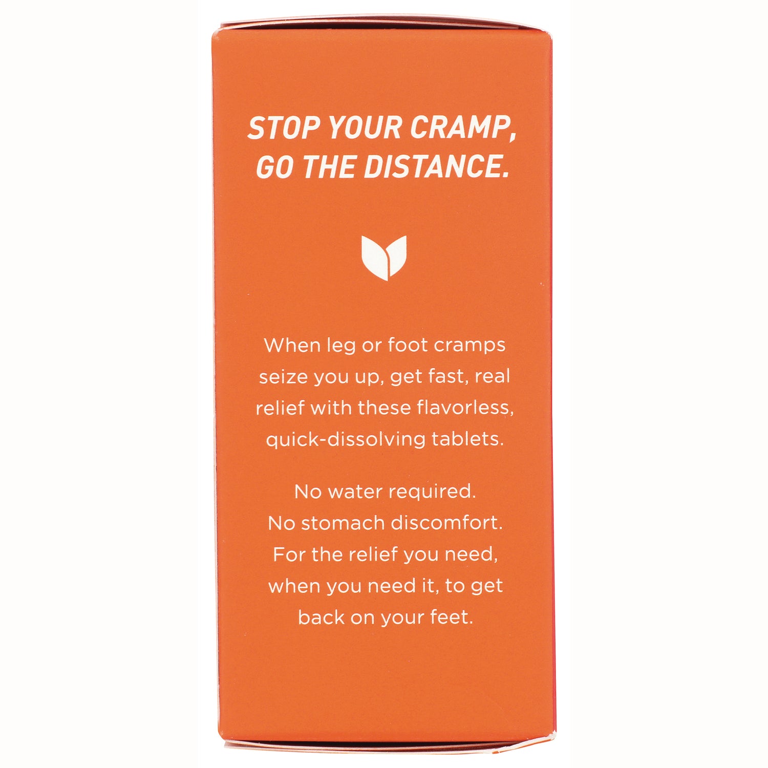 HY260 | orange product infographic panel reading STOP YOUR CRAMP, GO THE DISTANCE and text about flavorless quick-dissolving tablets for leg and foot cramp relief