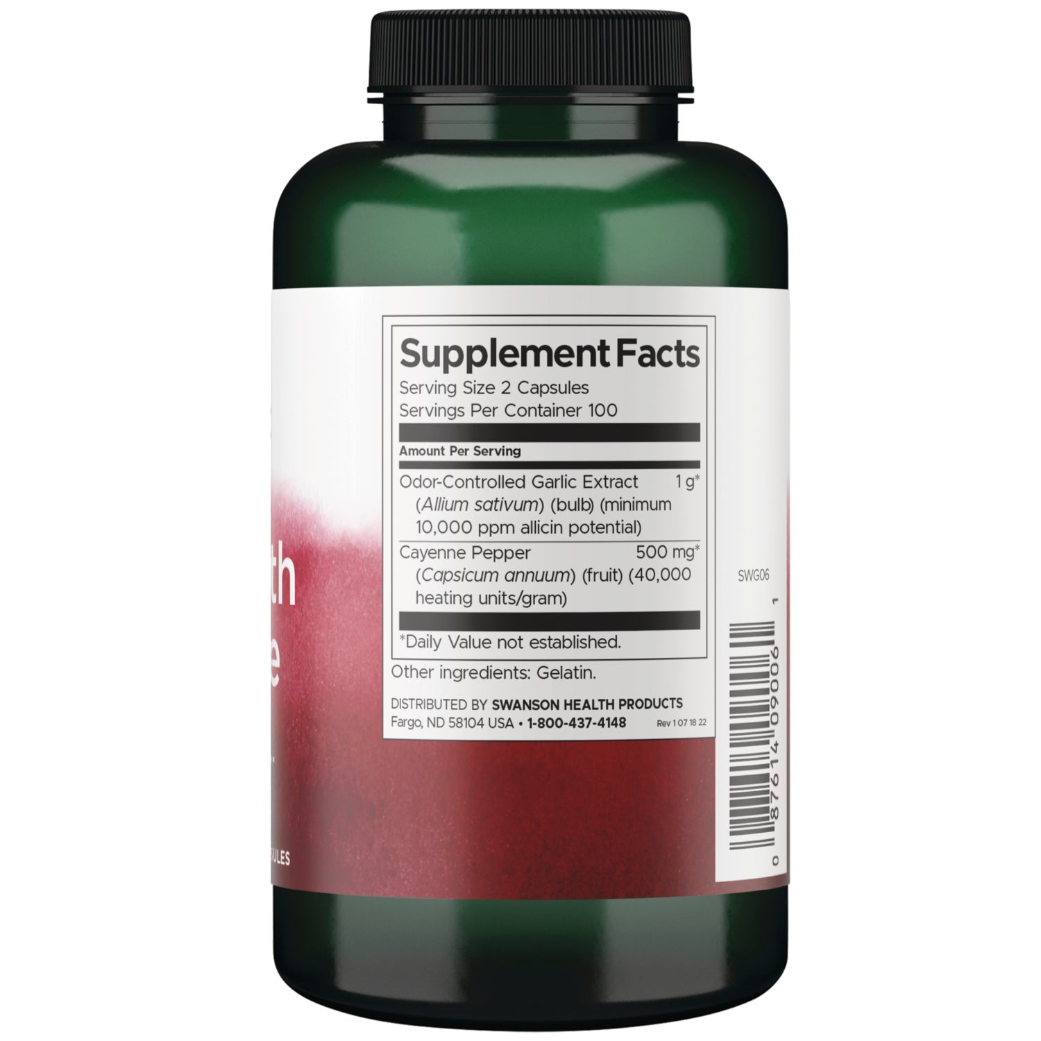 SWG06 | Back label with Supplement Facts for odor-controlled garlic and cayenne pepper, barcode, and other ingredients