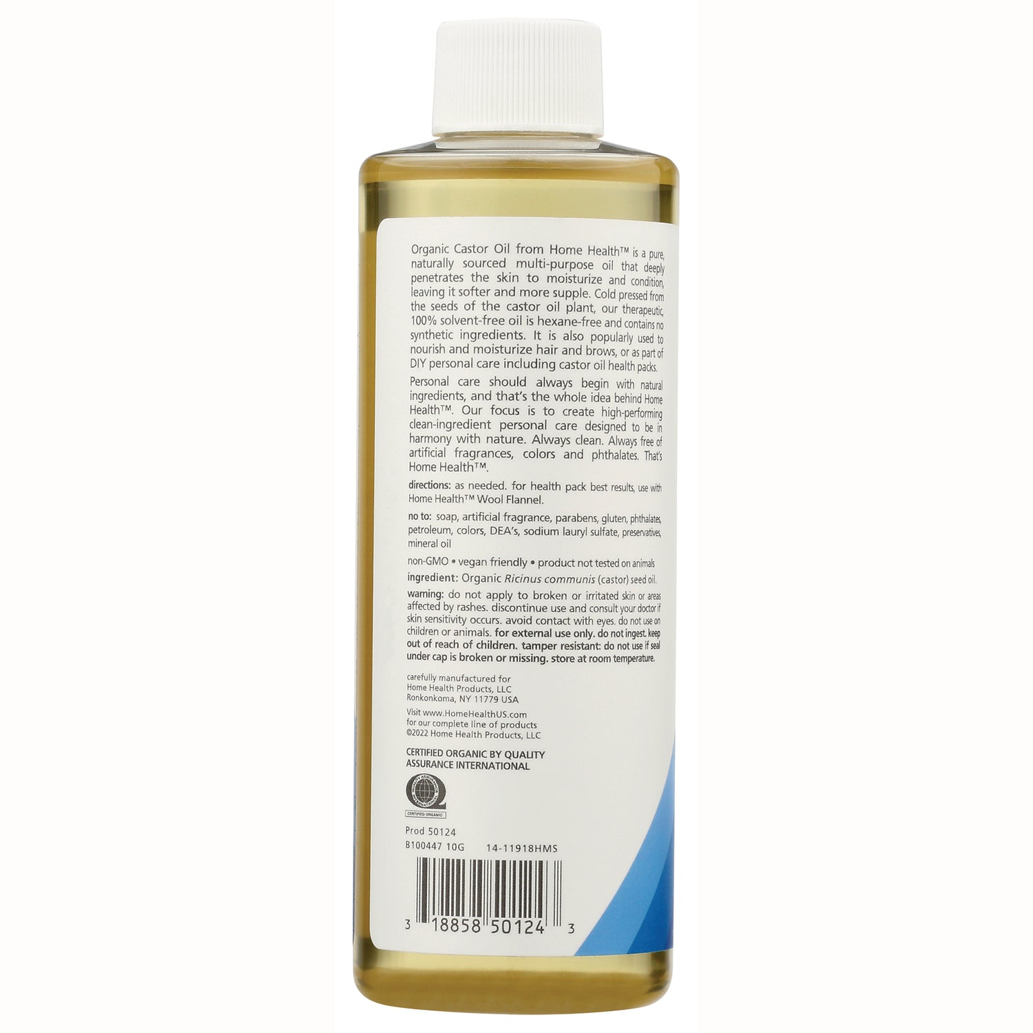 HT008 | back label of clear bottle showing ingredients, directions, certification logo and barcode