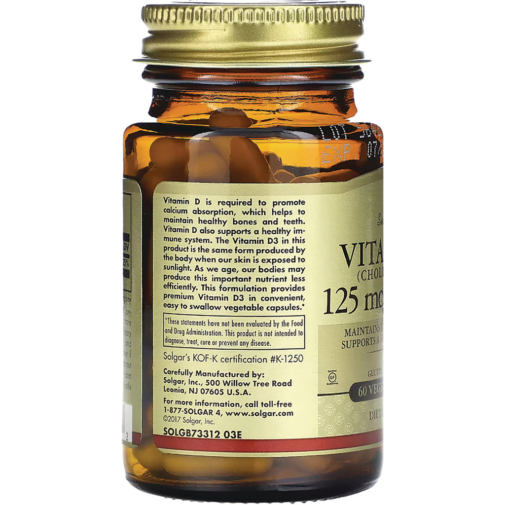 SLG247 | amber supplement bottle back label showing Vitamin D 125 mcg details, ingredients and manufacturer information - Thumbnail