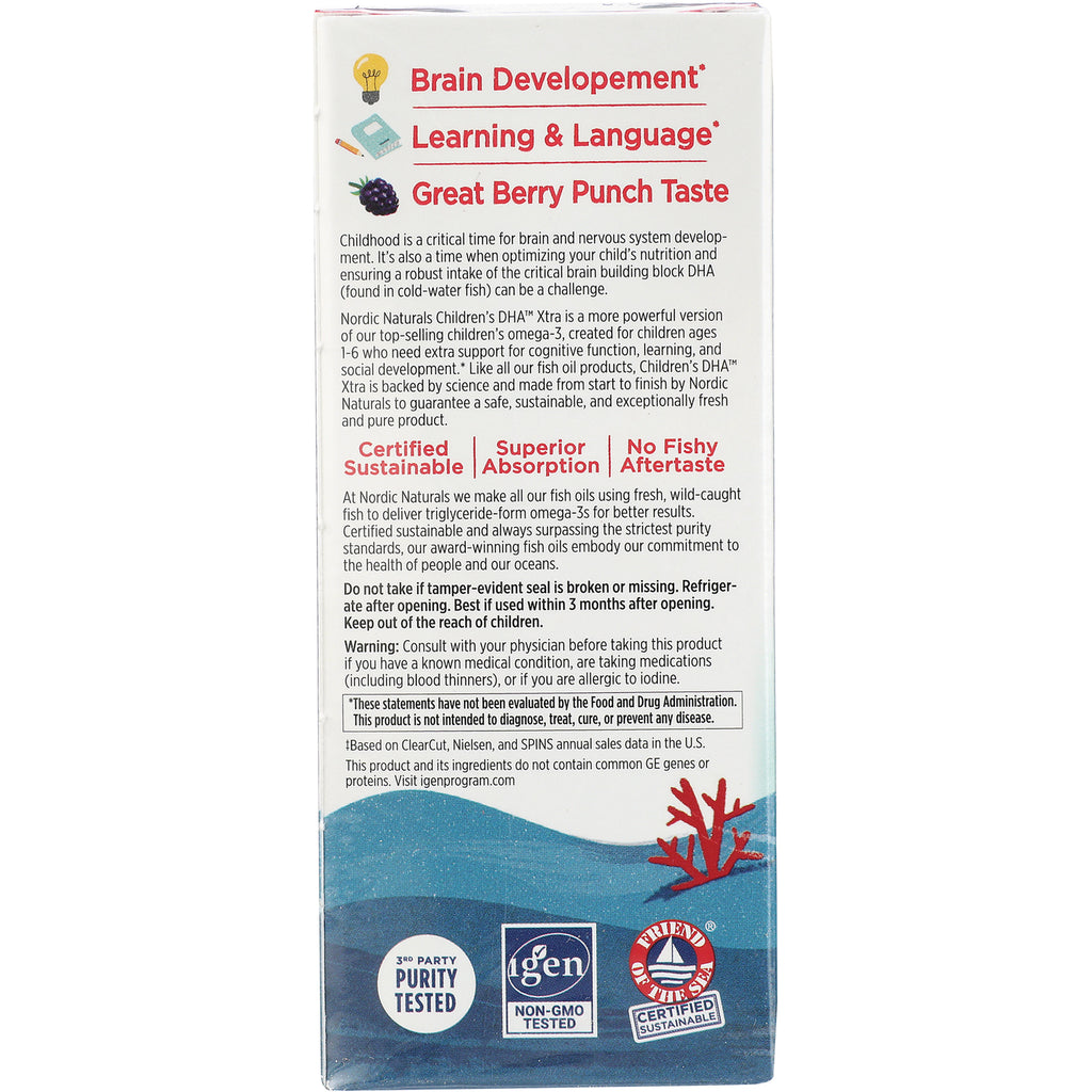 Back of children's DHA Xtra box listing Brain Development, Learning & Language, Great Berry Punch Taste and certification logos - Thumbnail