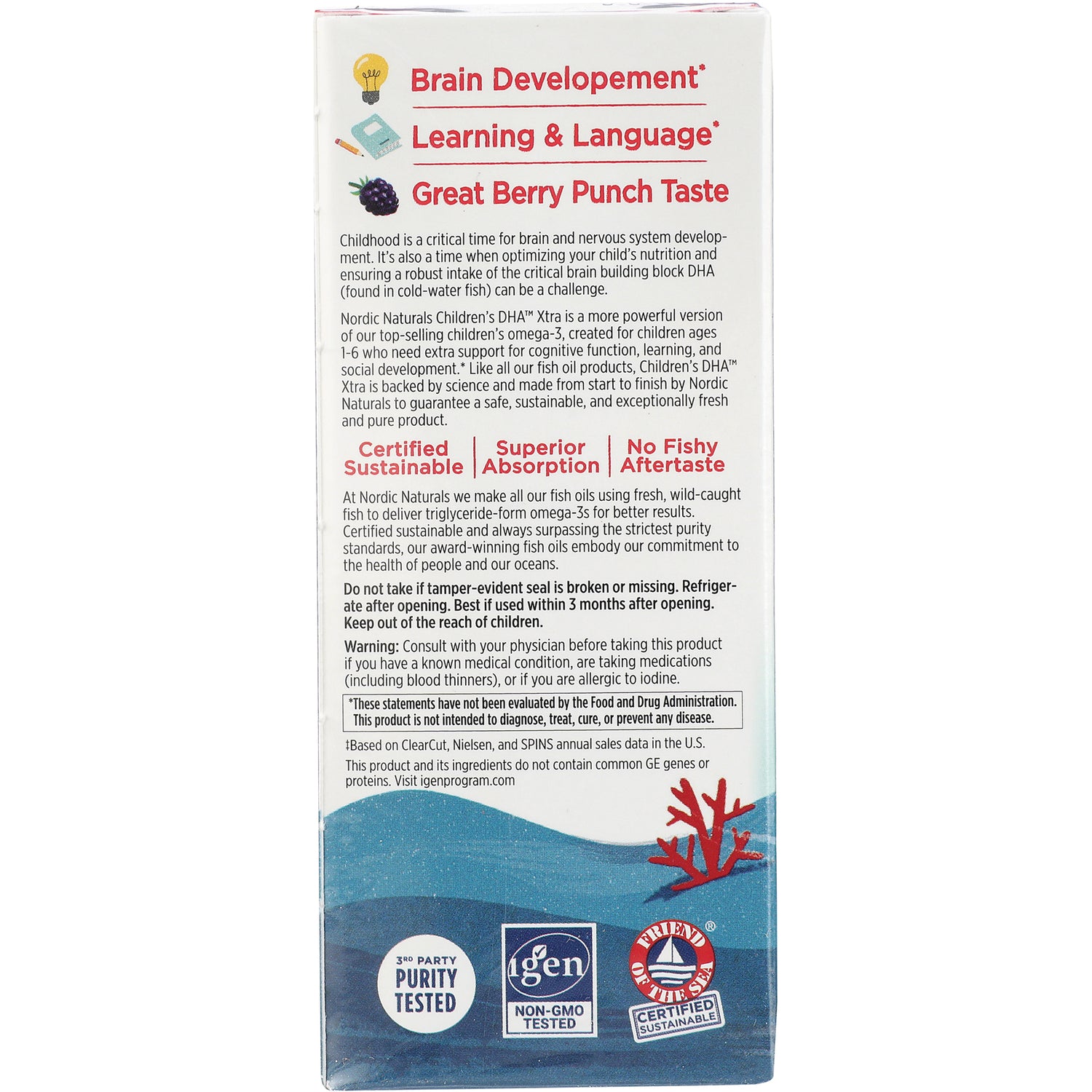 Back of children's DHA Xtra box listing Brain Development, Learning & Language, Great Berry Punch Taste and certification logos