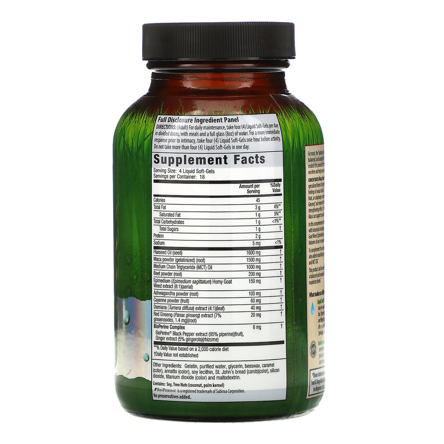 IR141 | Back label showing Supplement Facts and ingredient panel on green supplement bottle