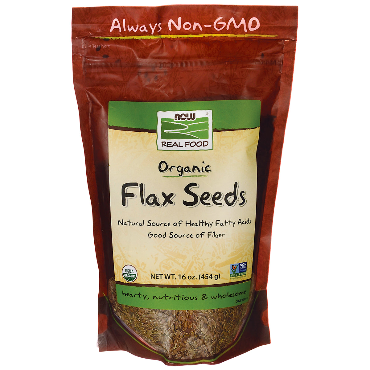NWF079 | NOW Real Food organic flax seeds 16 oz resealable pouch front packaging with product name and certification logos