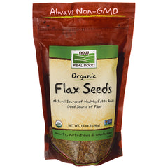 NWF079 | NOW Real Food organic flax seeds 16 oz resealable pouch front packaging with product name and certification logos