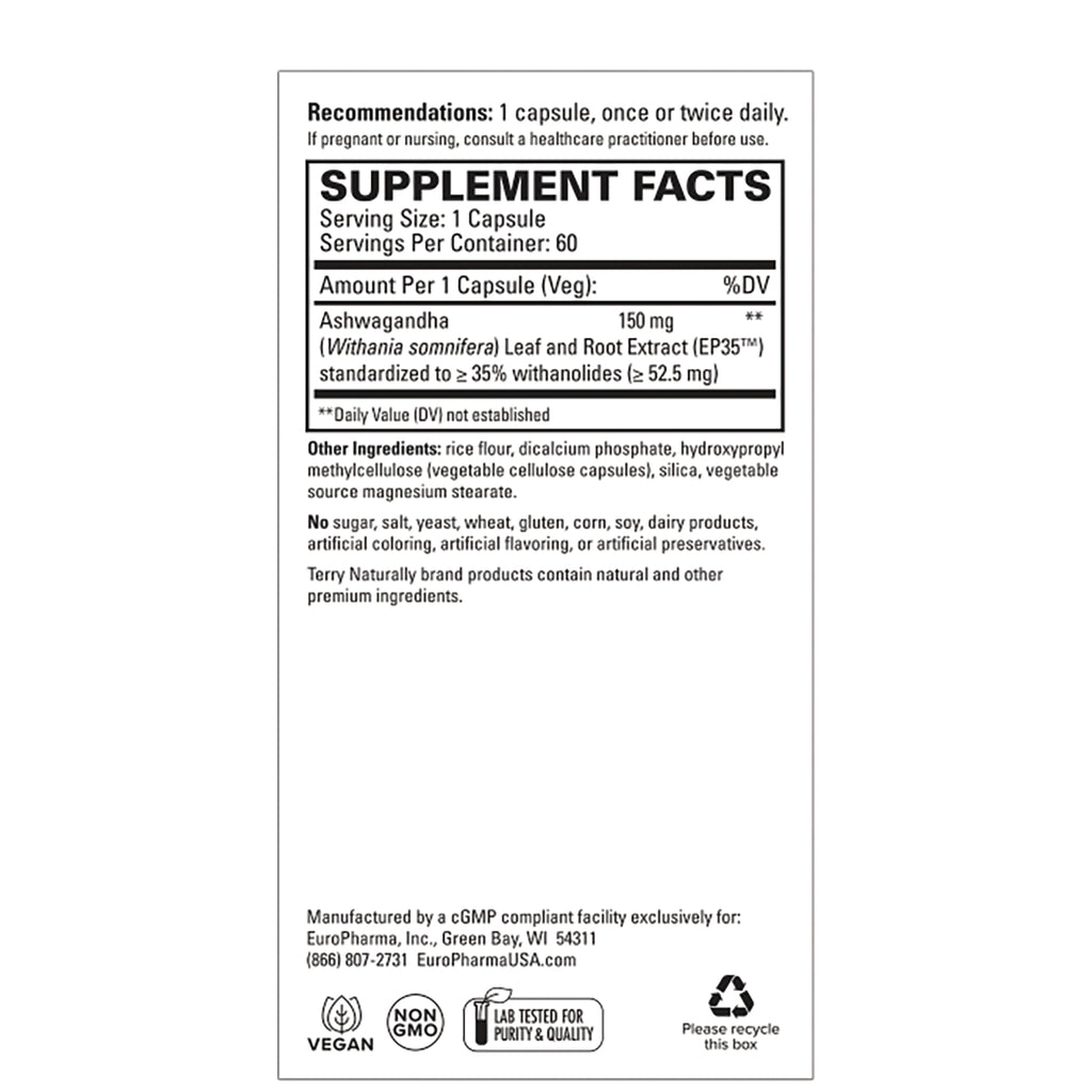 EUR074 | Supplement facts and ingredient panel showing Ashwagandha 150 mg, serving size 1 capsule, other ingredients and certifications - Thumbnail