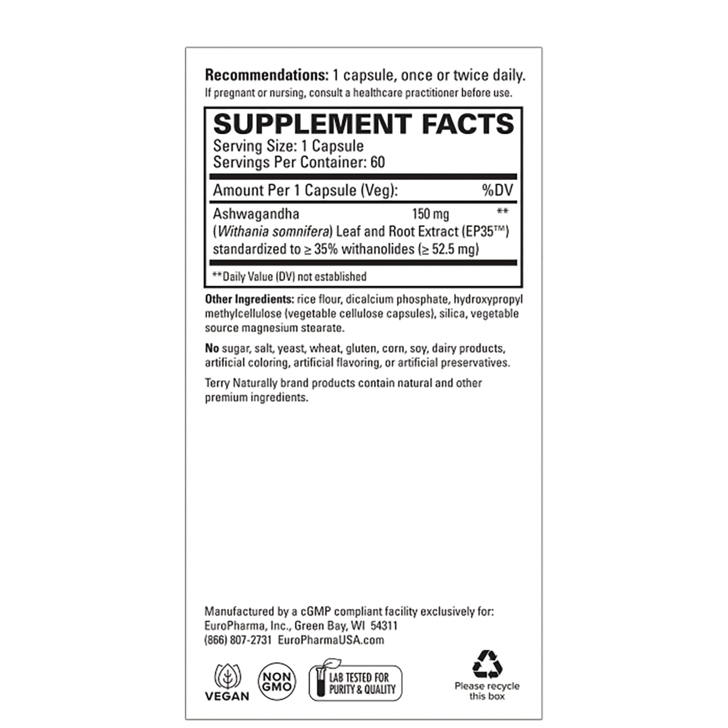 EUR074 | Supplement facts and ingredient panel showing Ashwagandha 150 mg, serving size 1 capsule, other ingredients and certifications