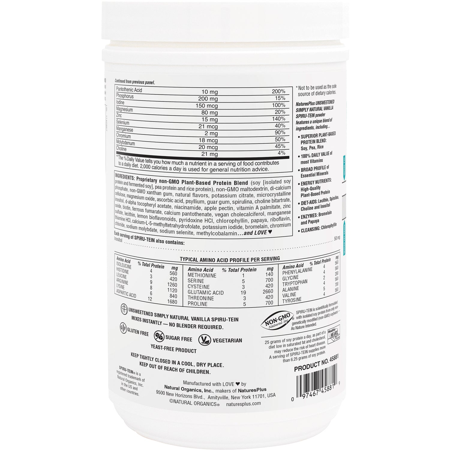 NTP095 | Back label of white supplement tub showing nutrition facts, ingredient list, amino acid profile, and barcode