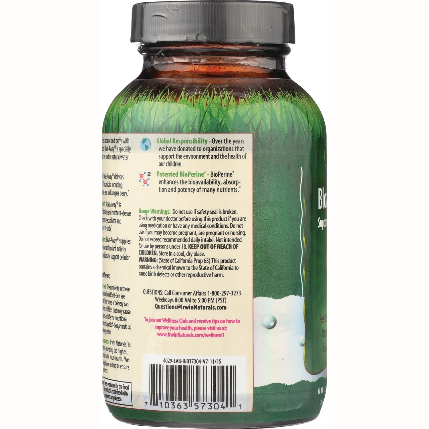 IR085 | back label of supplement bottle showing usage warnings, ingredient text and barcode