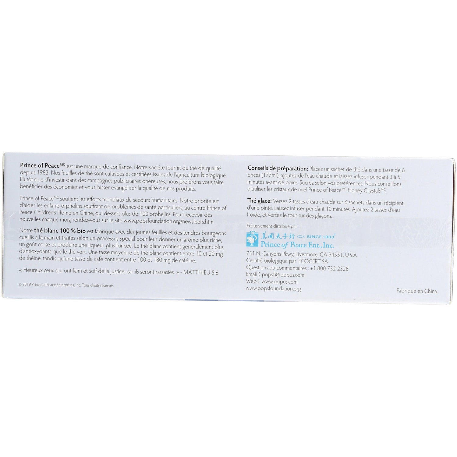 Back of Prince of Peace tea box showing preparation instructions, ingredient text, and company contact information
