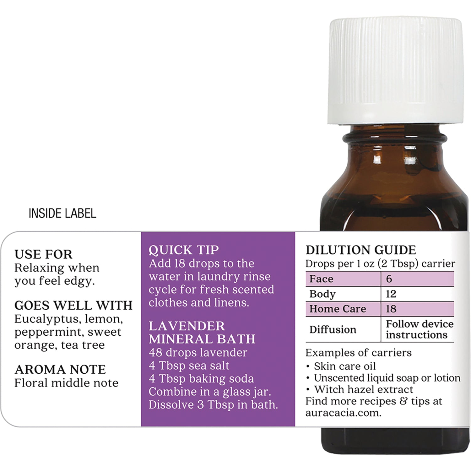 ARC001 | Back label of amber essential oil bottle showing dilution guide, lavender mineral bath recipe and usage tips