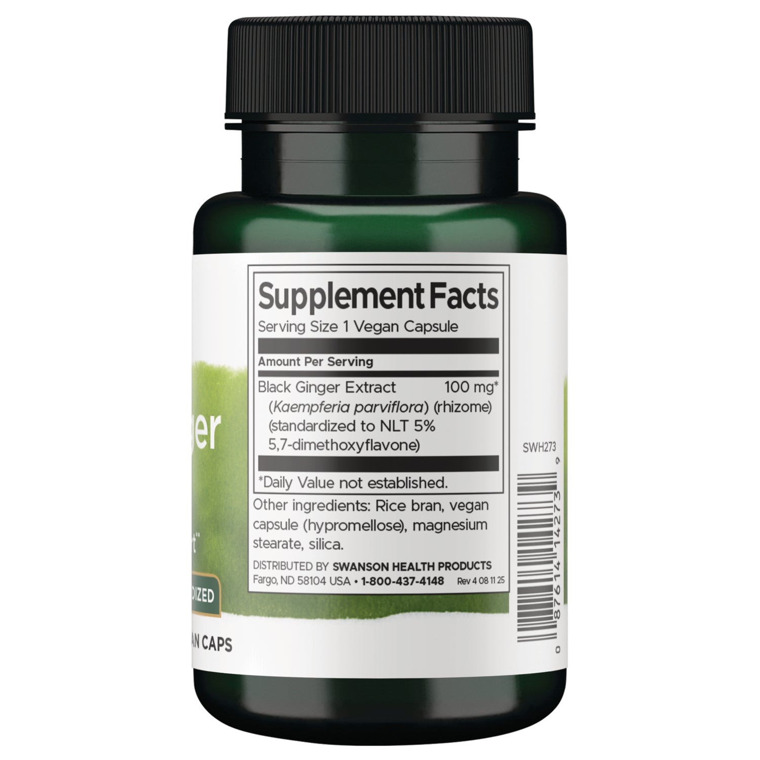SWH273 | Back label with Supplement Facts for Black Ginger Extract 100 mg