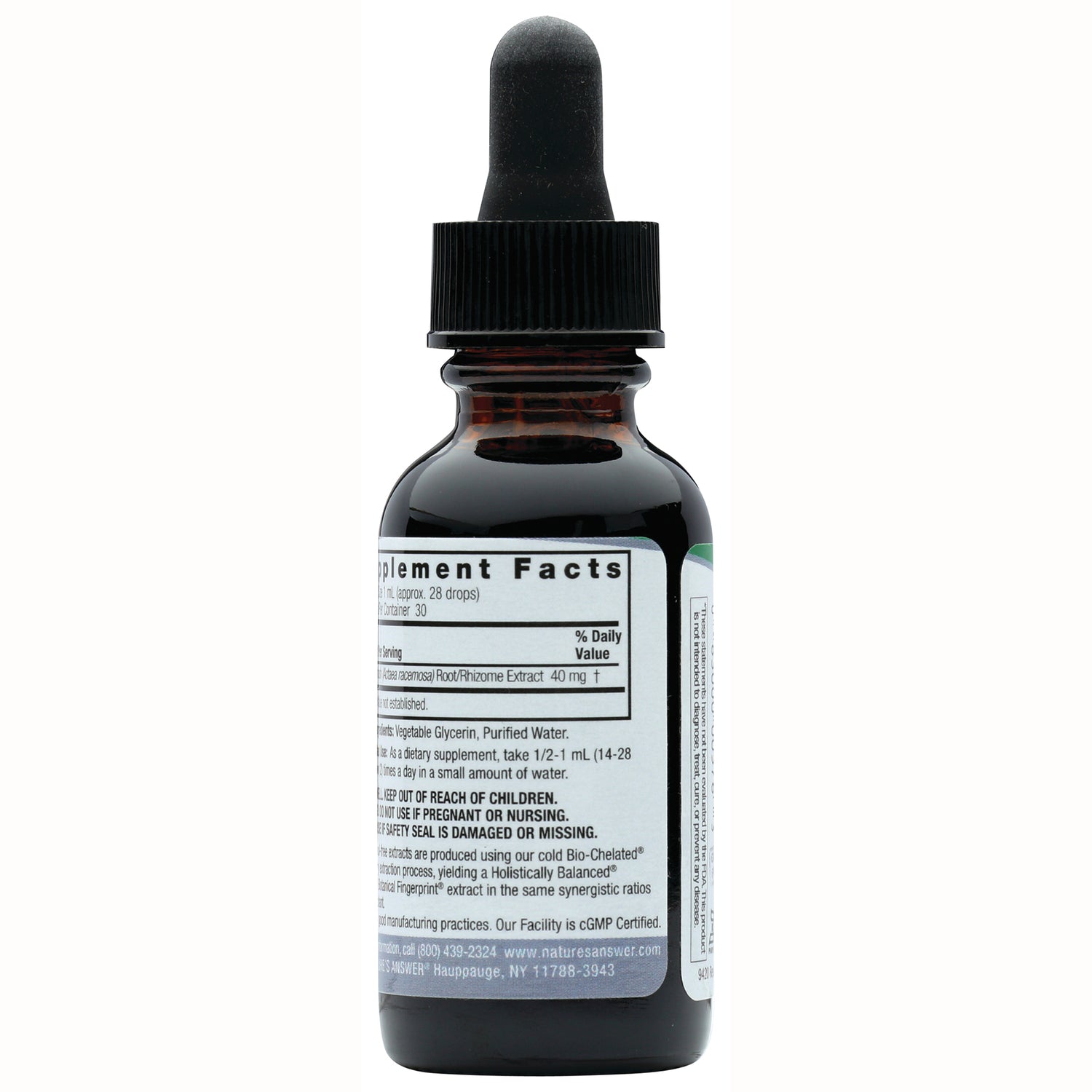 NAT010 | Back of amber dropper bottle showing Supplement Facts panel and small warning and ingredient text