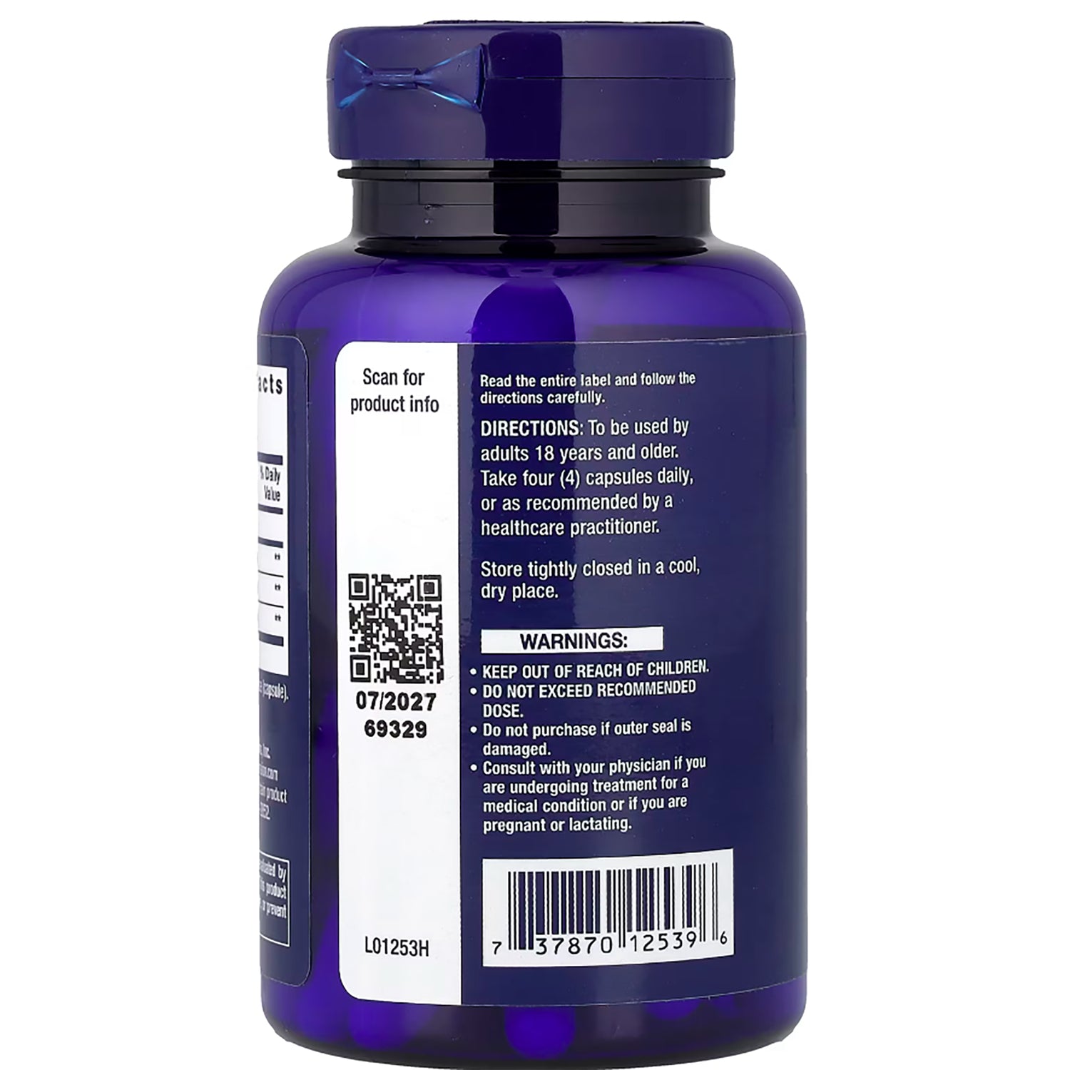 LE100 | back of blue supplement bottle showing directions, warnings, QR code and barcode