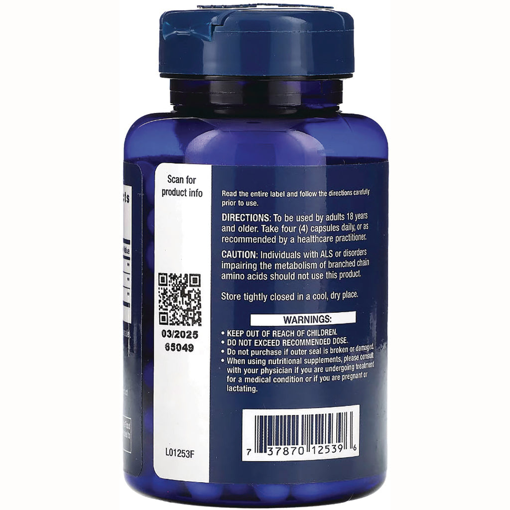 LE100 | back of blue supplement bottle showing directions, warnings, QR code and barcode - Thumbnail