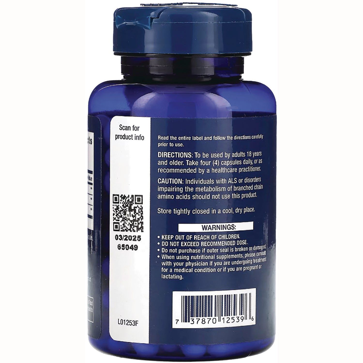 LE100 | back of blue supplement bottle showing directions, warnings, QR code and barcode