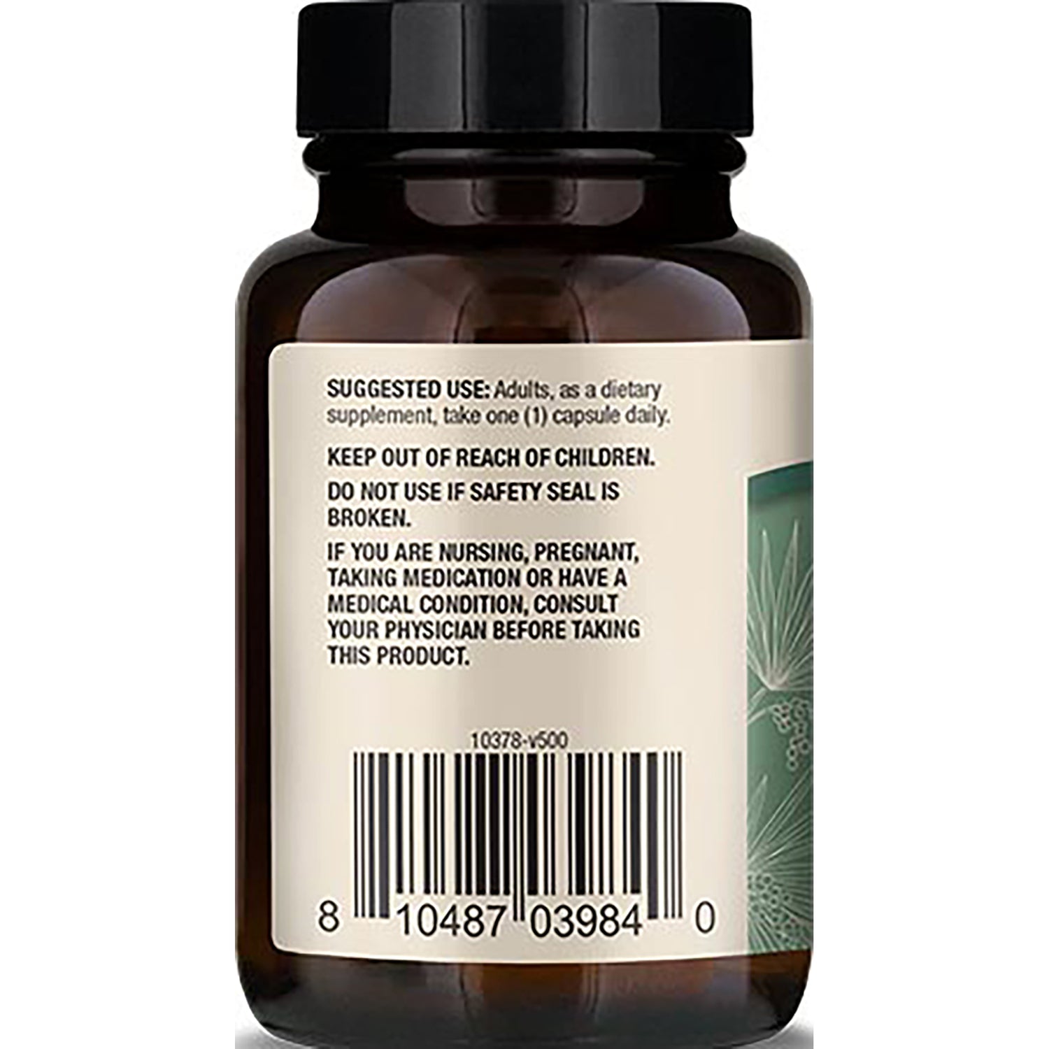 MRC114 | Back of amber supplement bottle showing suggested use, warning text and barcode