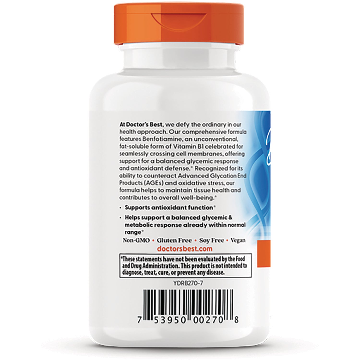 DB170 | back label of white supplement bottle showing ingredient text, bullet points, barcode and orange cap