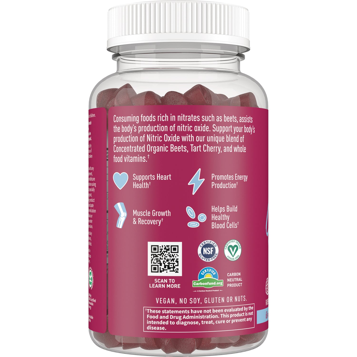GLF347 | back label of clear bottle showing supplement benefits icons, QR code, vegan and certification logos