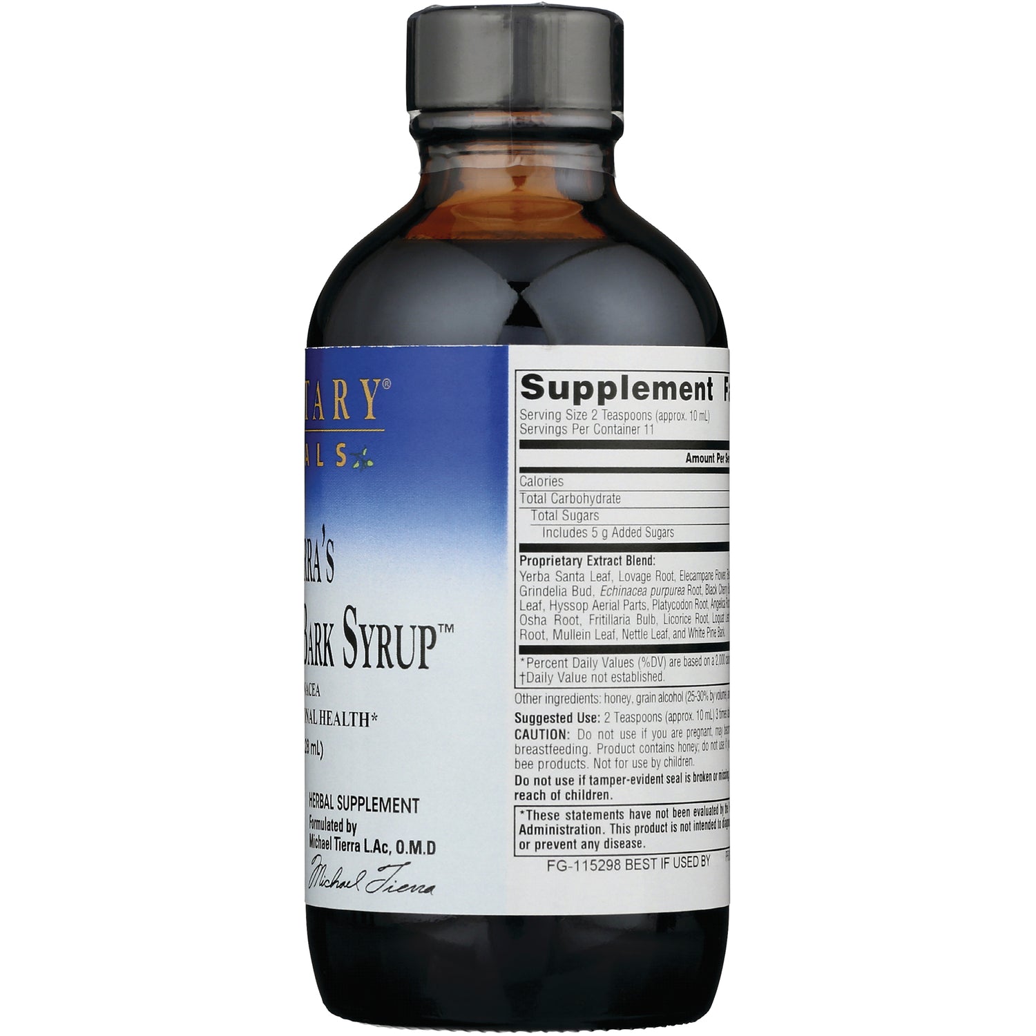 PF073 | Back label showing supplement facts, ingredients, and directions on brown syrup bottle