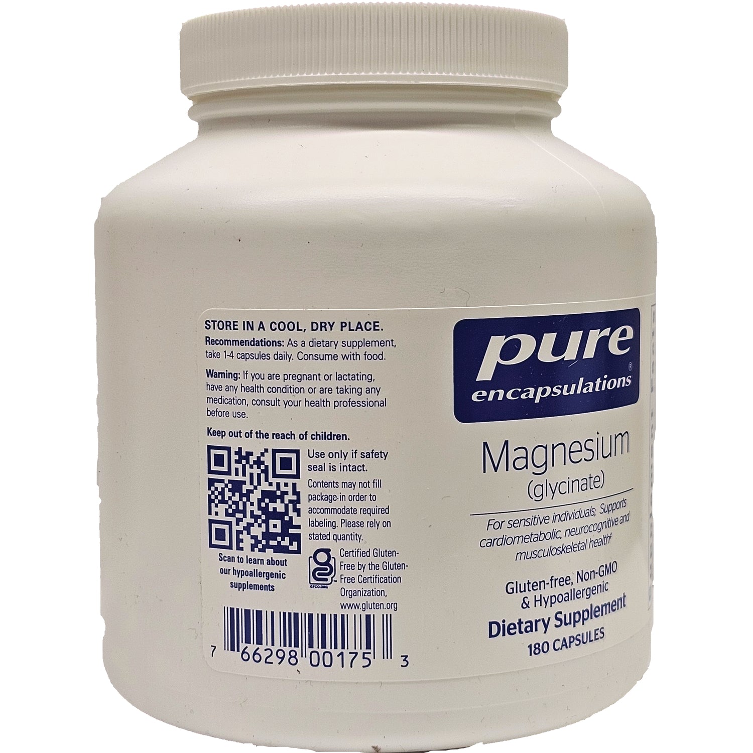 PRN001 | Back label of Pure Encapsulations Magnesium (glycinate) dietary supplement with QR code and barcode, 180 capsules