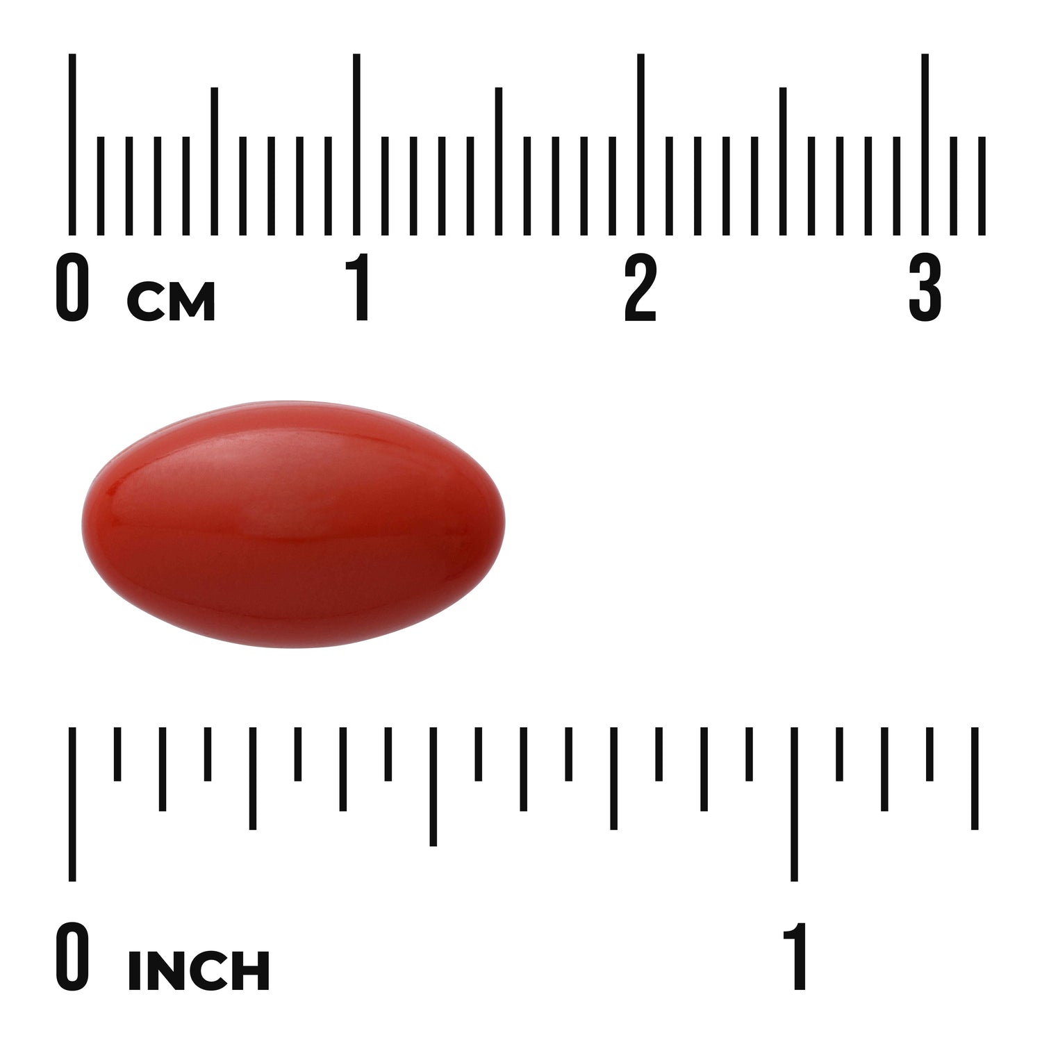 SWU013 | Red oval softgel pill shown next to centimeter and inch rulers, visible text '0 CM' and '0 INCH'