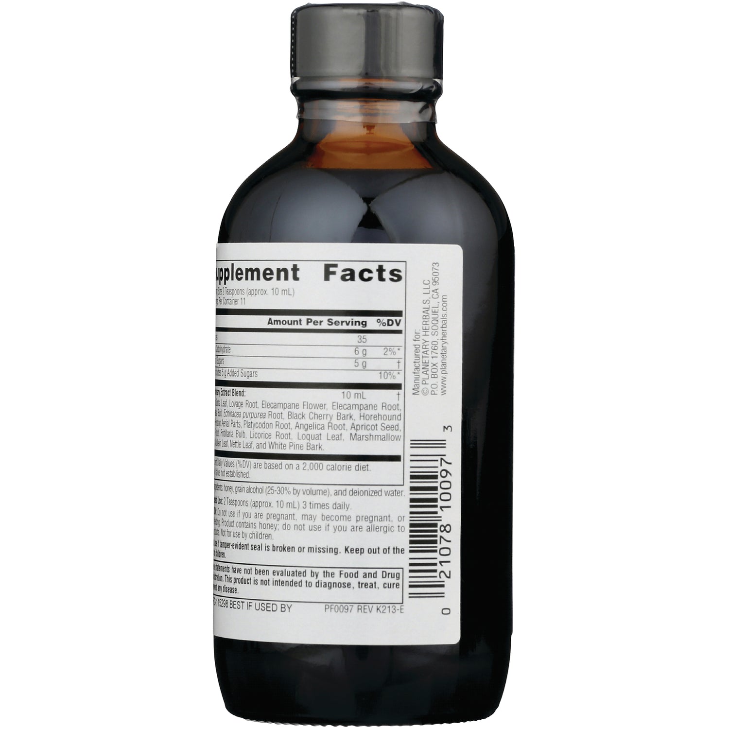 PF073 | Back of amber supplement bottle showing Supplement Facts label and barcode