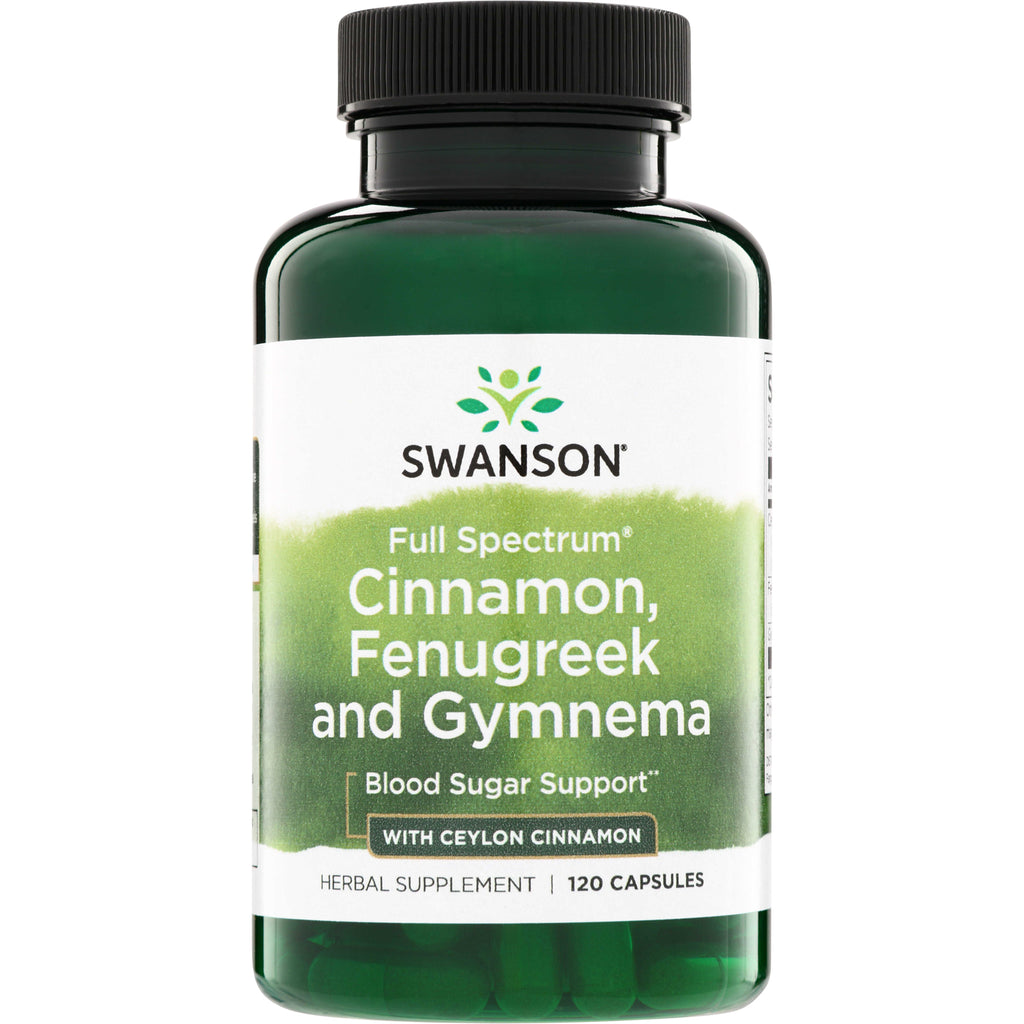 SW1753 | Swanson Full Spectrum Cinnamon, Fenugreek and Gymnema supplement bottle front, 120 capsules, with Ceylon cinnamon - Thumbnail