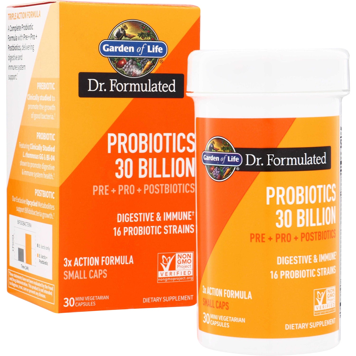 GLF373 | Garden of Life Dr. Formulated Probiotics 30 Billion, 30 mini vegetarian capsules, box and bottle