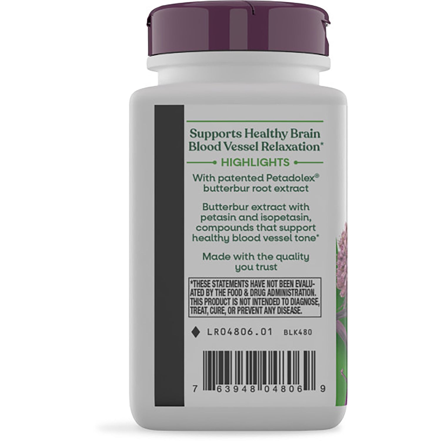 ET304 | back label of white supplement bottle with Healthy Brain Blood Vessel Relaxation text, batch number and barcode