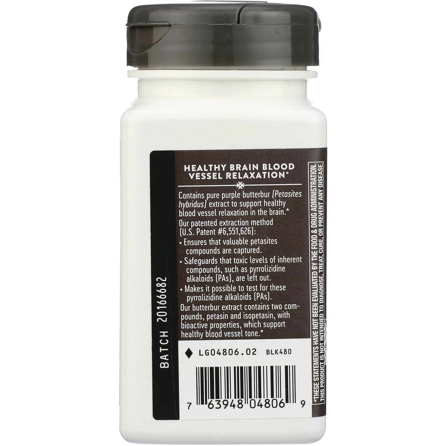 ET304 | back label of white supplement bottle with Healthy Brain Blood Vessel Relaxation text, batch number and barcode