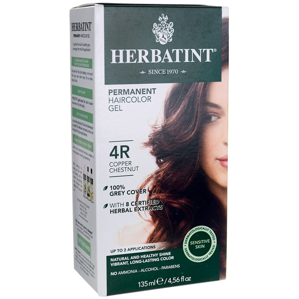 HBT018 | HERBATINT permanent haircolor gel 4R Copper Chestnut box showing partial model face and product claims - Thumbnail