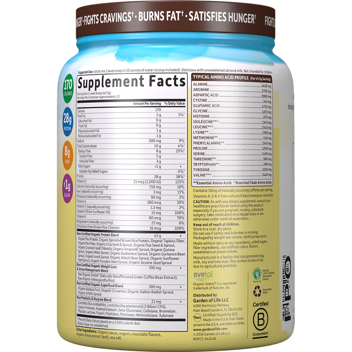 GLF198 | Back label showing Supplement Facts and typical amino acid profile on a yellow supplement container