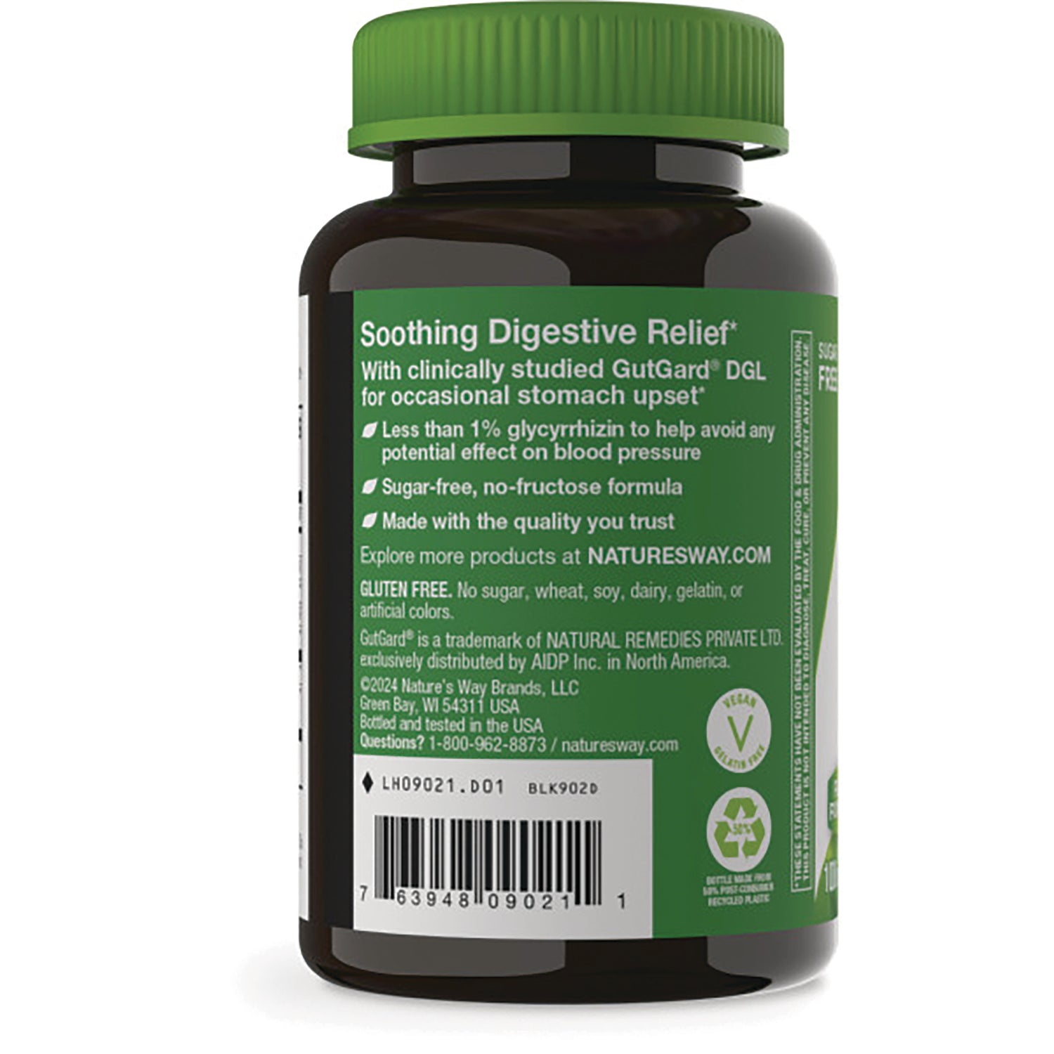 ET074 | Back label of brown supplement bottle reading Soothing Digestive Relief with product details, barcode and recycling symbols