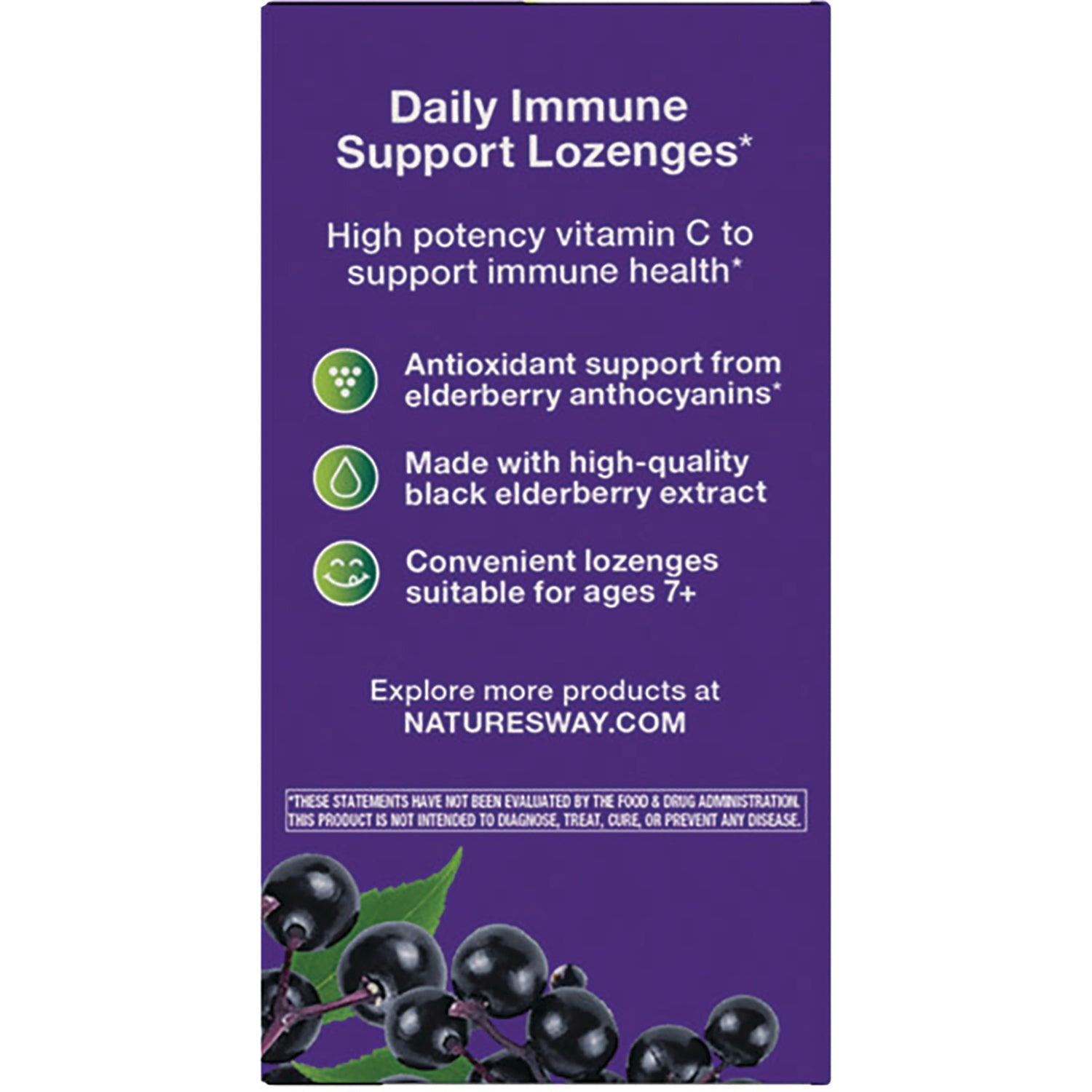 NW662 | Back of purple box reading Daily Immune Support Lozenges with elderberry benefits, icons and NATURESWAY.COM