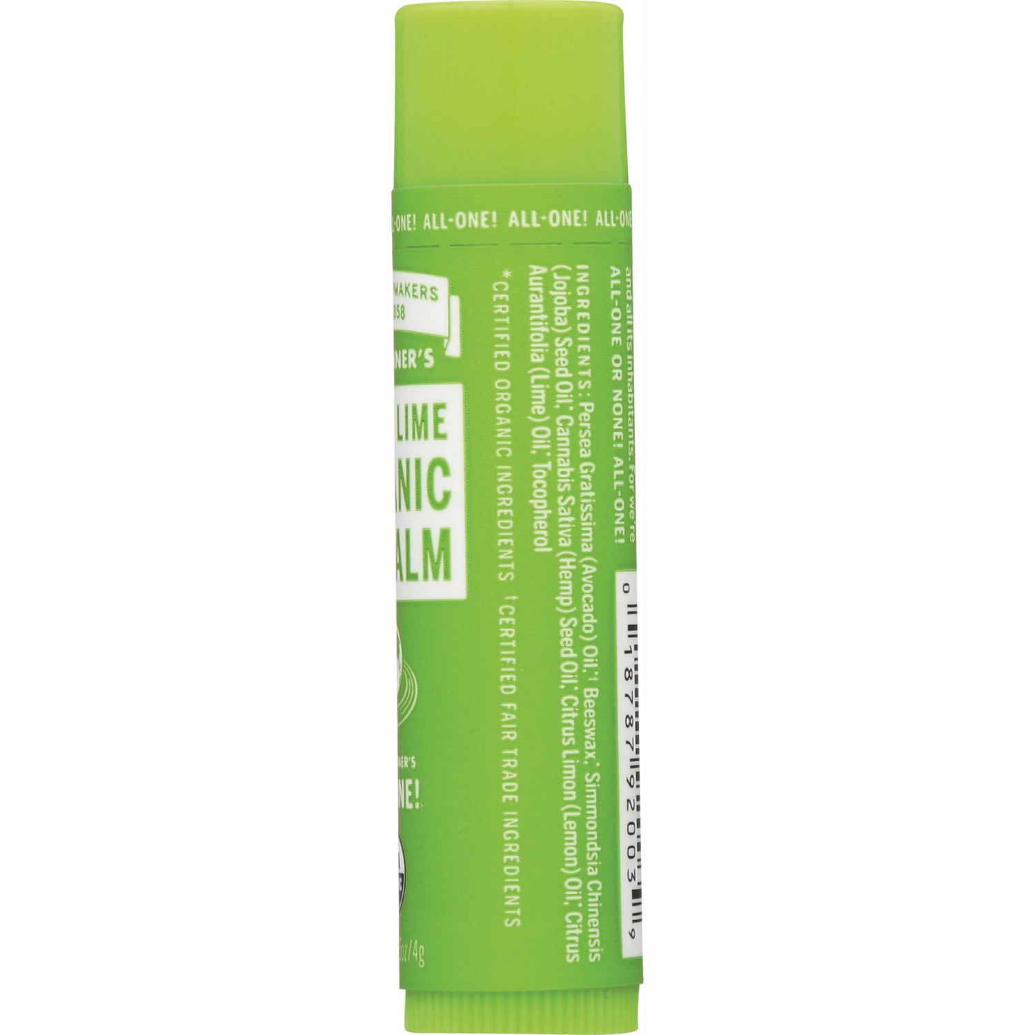 DRB031 | Back of green lip balm tube showing ingredients list and barcode