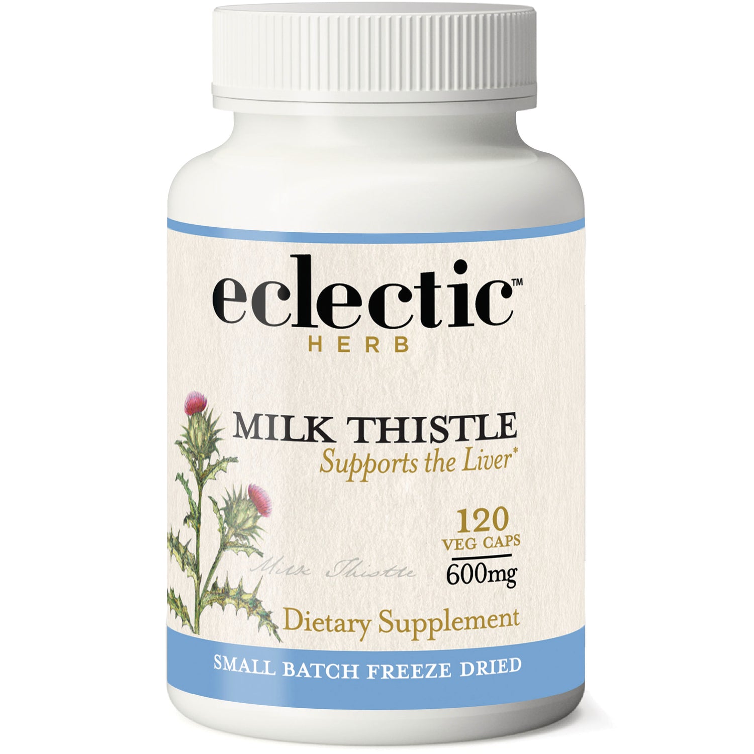 EC003 | White supplement bottle labeled eclectic HERB Milk Thistle 120 veg caps 600mg dietary supplement
