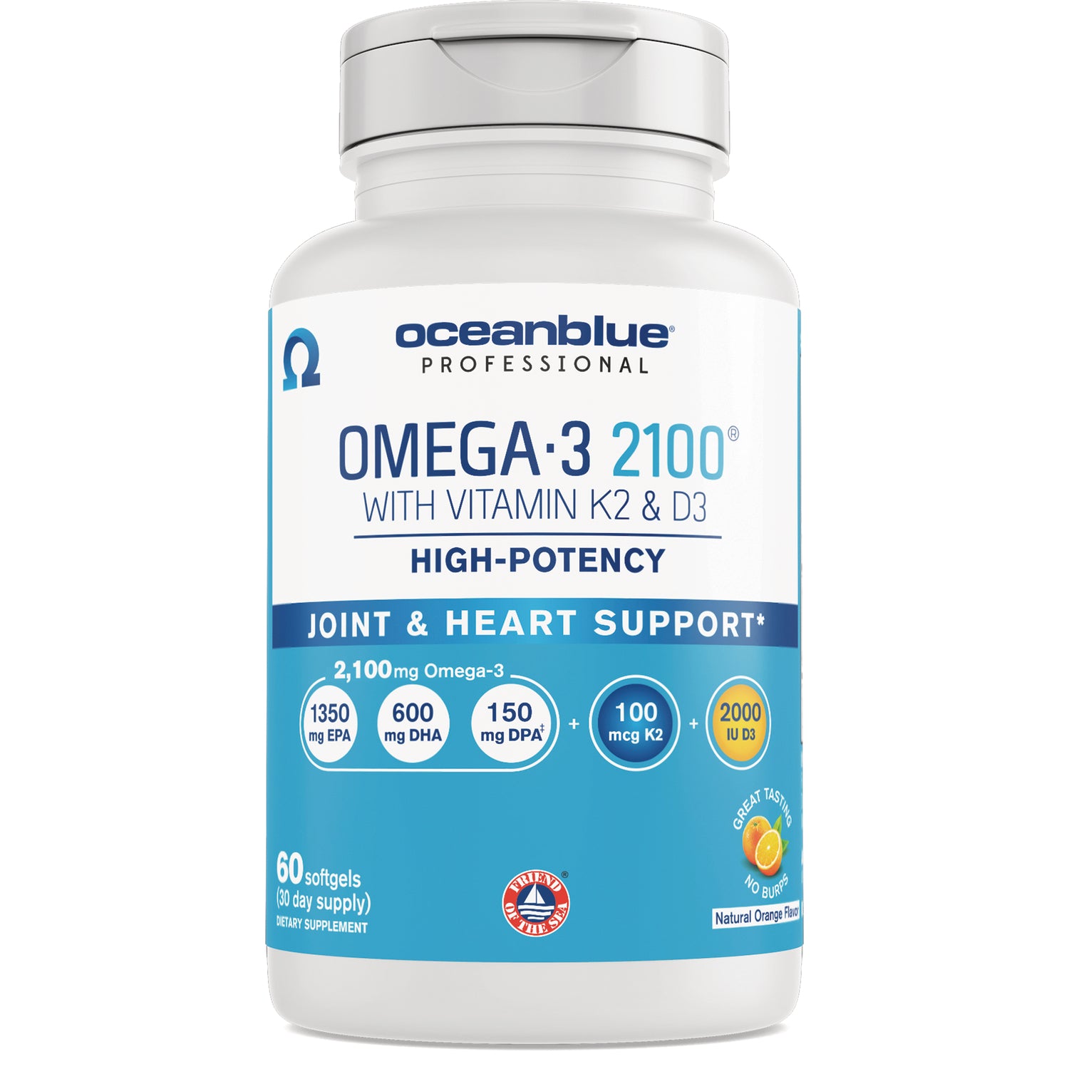 OCB003 | Oceanblue Professional Omega-3 2100 bottle, high-potency with vitamin K2 and D3, joint and heart support, 60 softgels