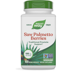 NW472 | Nature's Way Saw Palmetto Berries supplement bottle front label, 100 vegan capsules 585 mg per serving