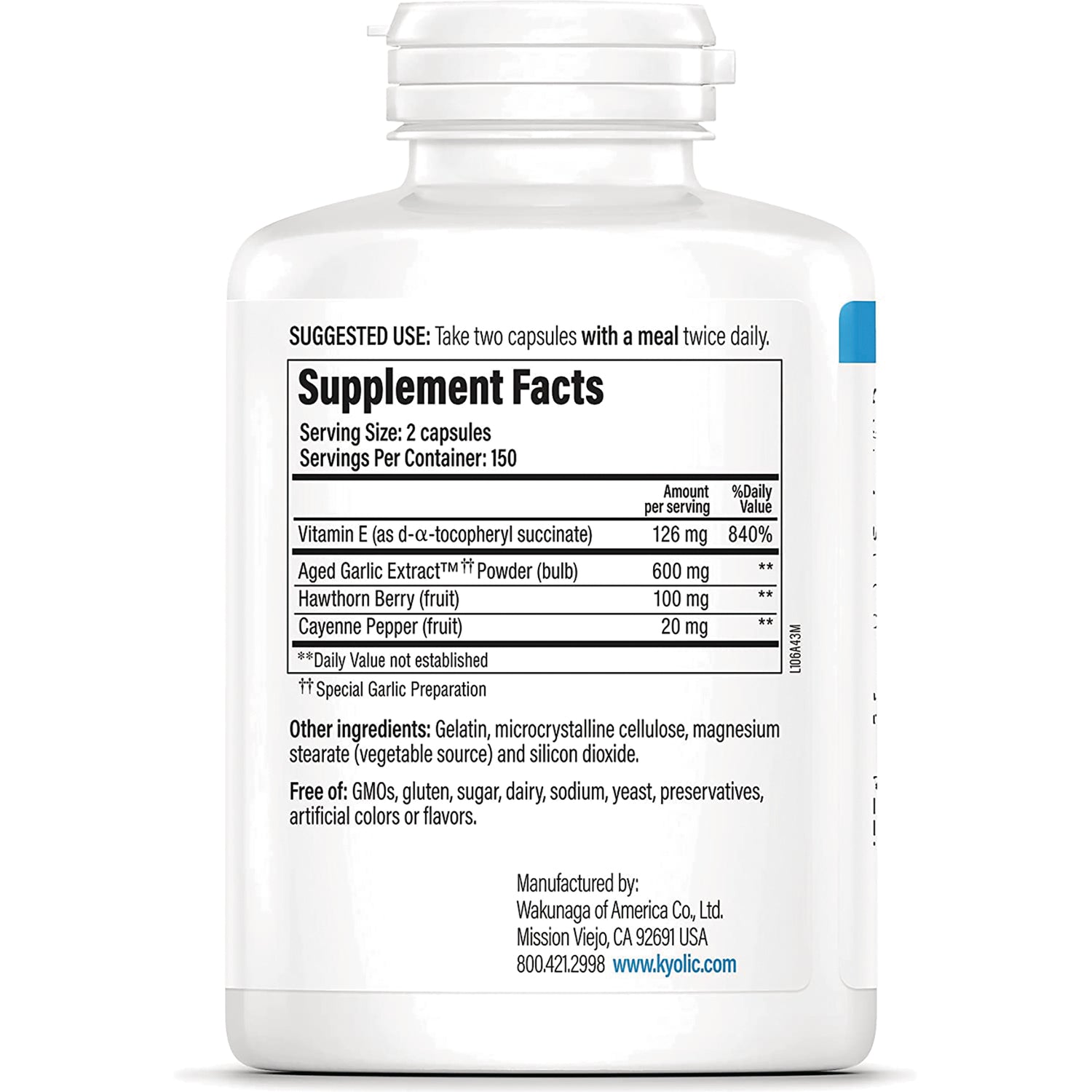 KY081 | Supplement facts panel on back of white bottle showing serving size, ingredient amounts and other ingredients