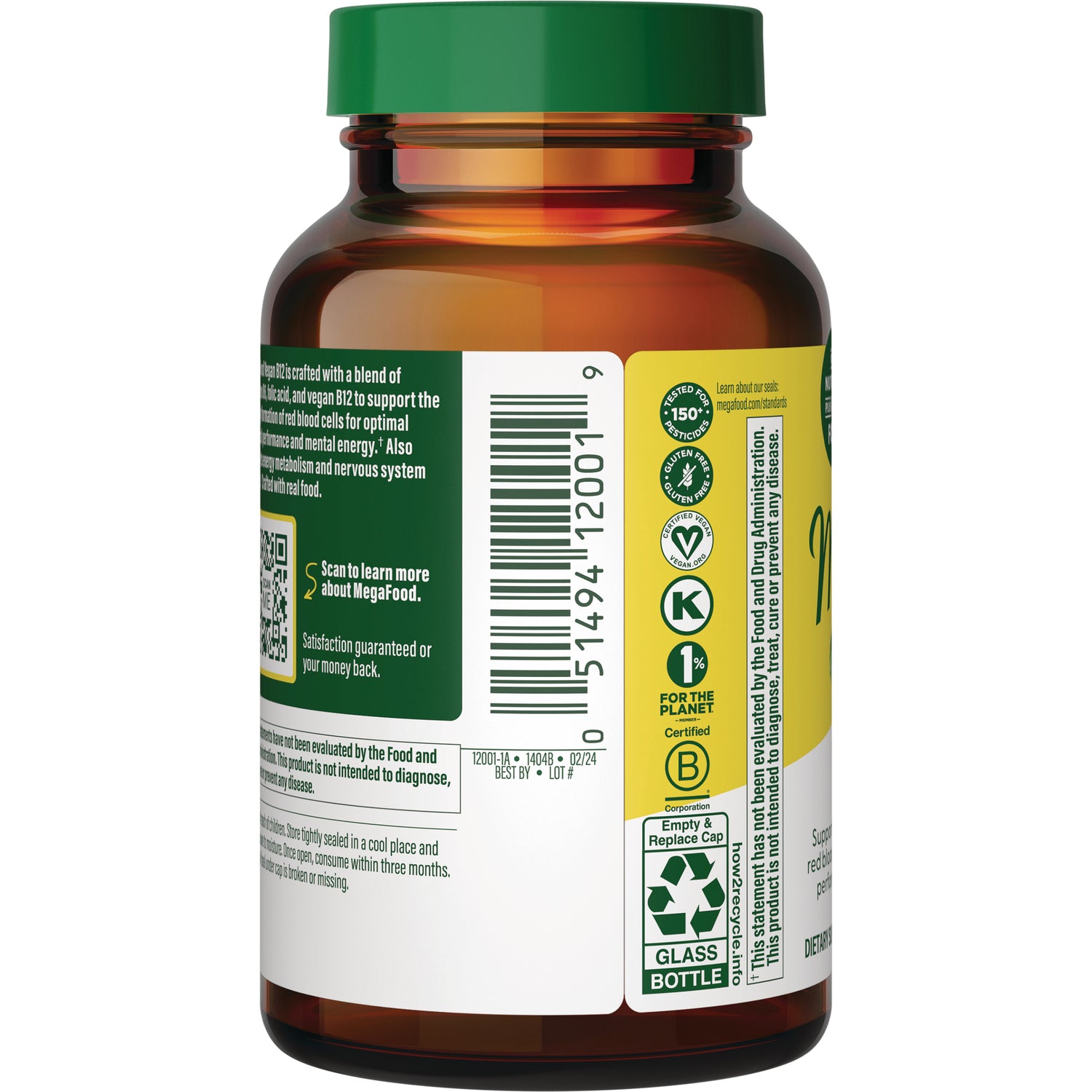 MGF022 | Back of amber supplement bottle showing barcode, certification icons, glass bottle recycle symbol and green cap