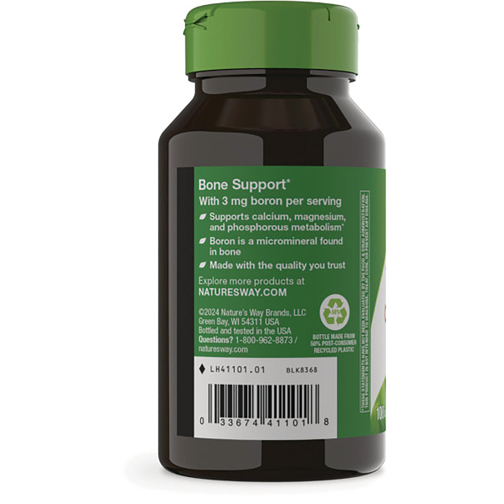 NW860 | Back of dark supplement bottle with green label reading Bone Support and 3 mg boron per serving, barcode visible - Thumbnail