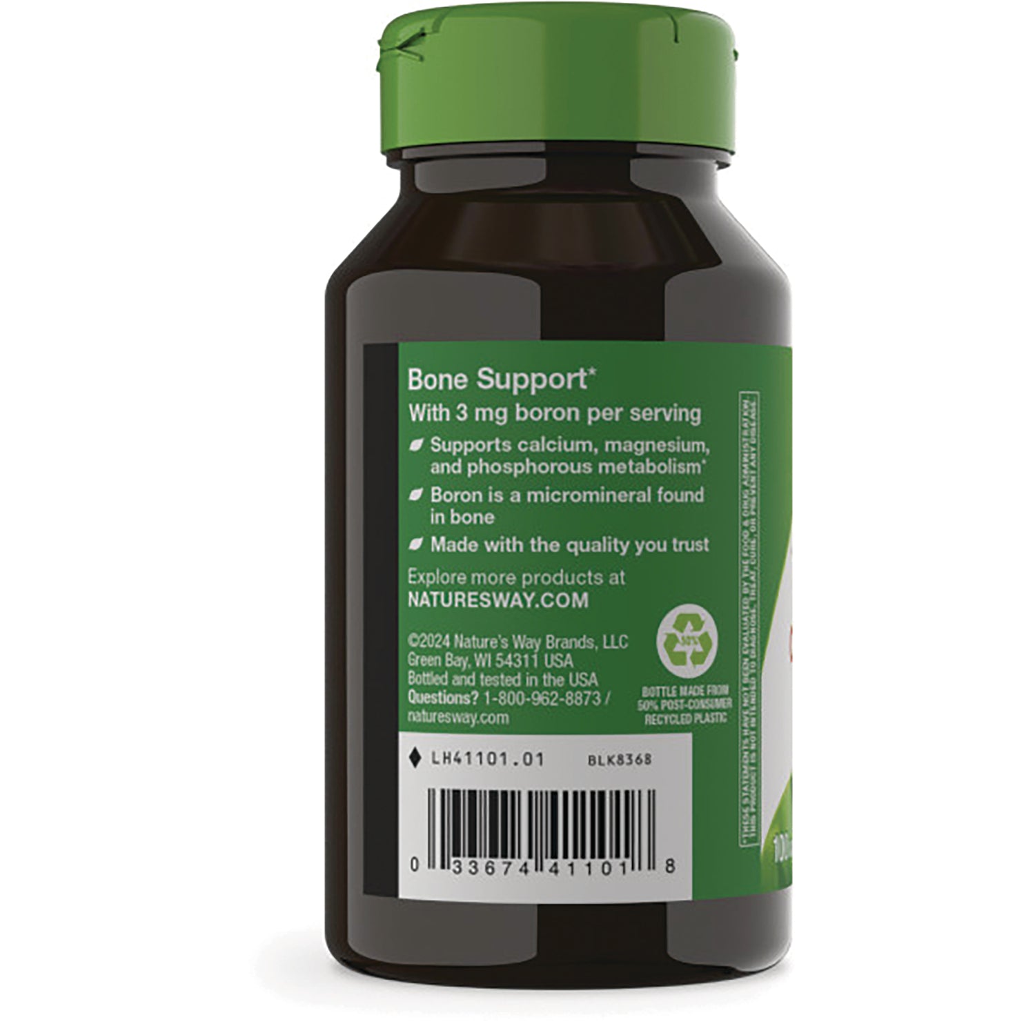 NW860 | Back of dark supplement bottle with green label reading Bone Support and 3 mg boron per serving, barcode visible