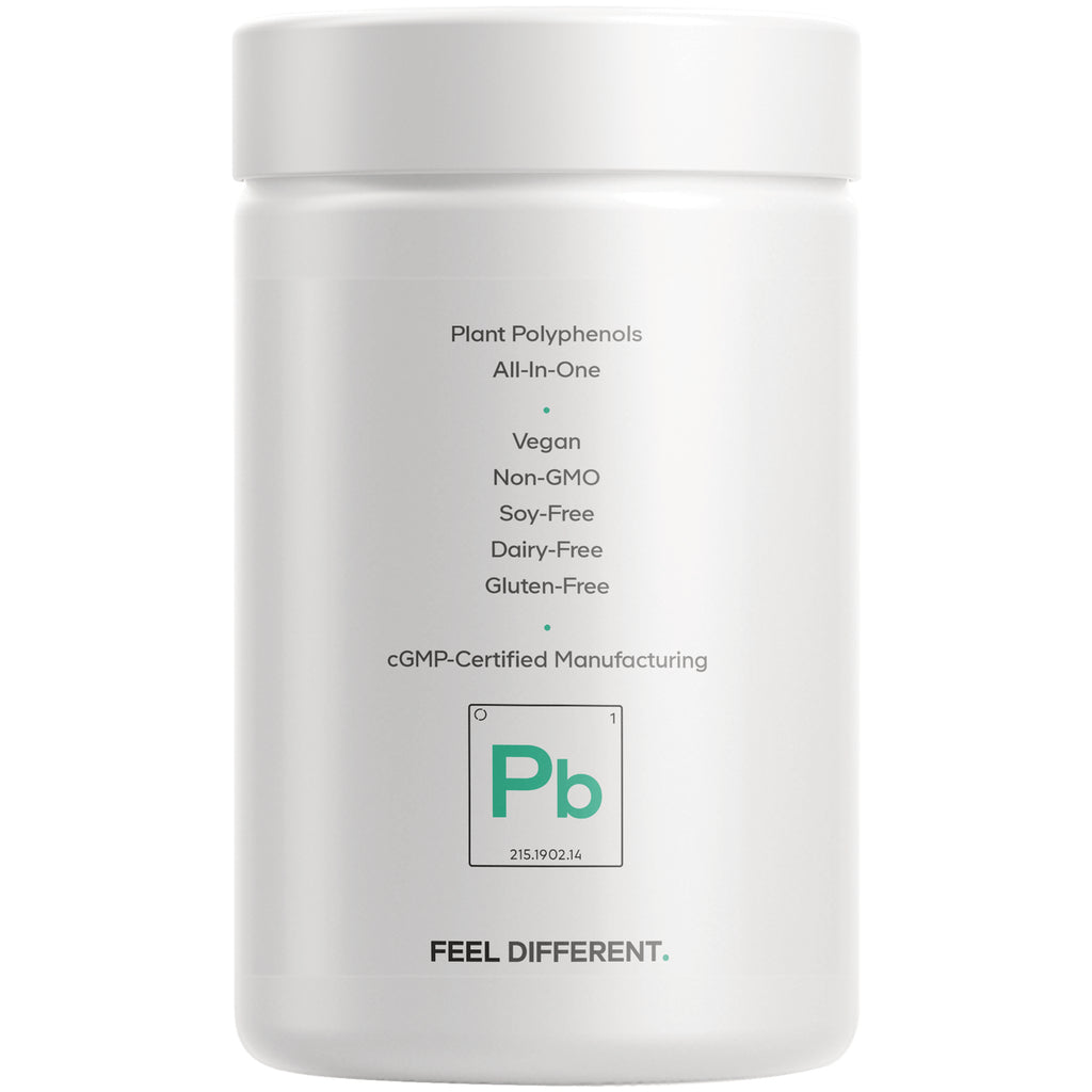 CDG054 | back label of white supplement jar listing Plant Polyphenols, Vegan, Non-GMO, Soy-Free, Dairy-Free, Gluten-Free, cGMP-certified manufacturing - Thumbnail