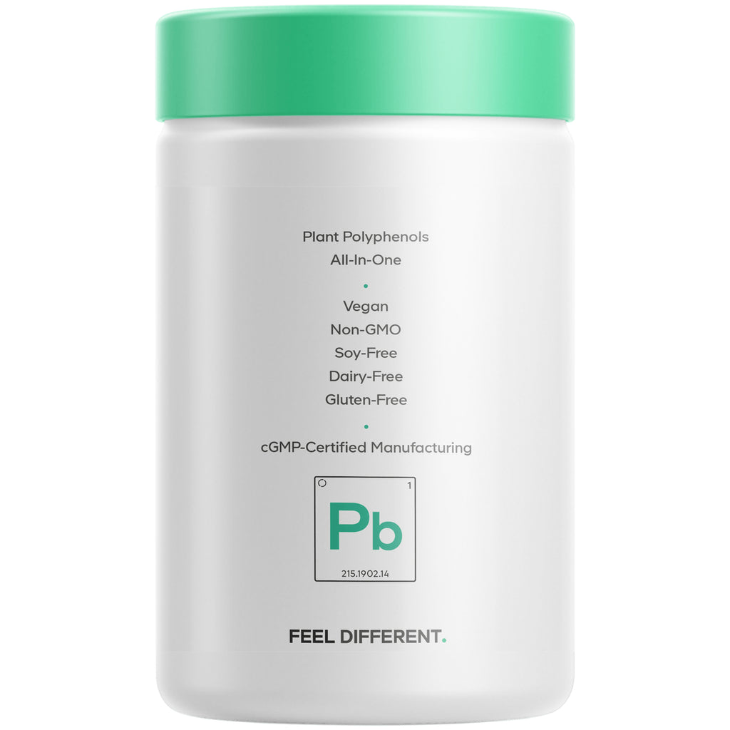 CDG054 | back label of white supplement jar listing Plant Polyphenols, Vegan, Non-GMO, Soy-Free, Dairy-Free, Gluten-Free, cGMP-certified manufacturing - Thumbnail