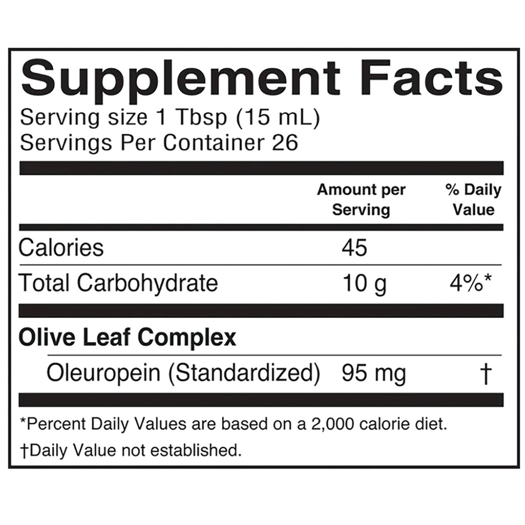 BAR012 | Supplement Facts panel showing serving size 1 Tbsp (15 mL), 45 calories, 10 g carbohydrate, Olive Leaf Complex Oleuropein 95 mg - Thumbnail