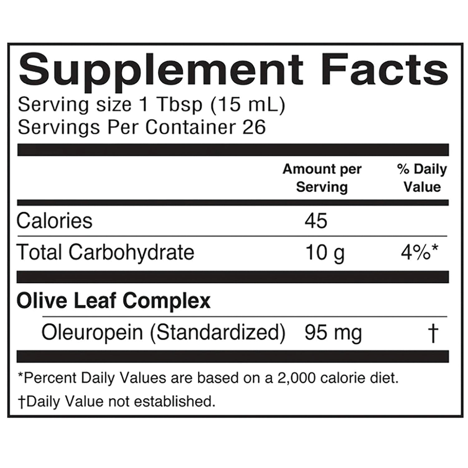 BAR012 | Supplement Facts panel showing serving size 1 Tbsp (15 mL), 45 calories, 10 g carbohydrate, Olive Leaf Complex Oleuropein 95 mg